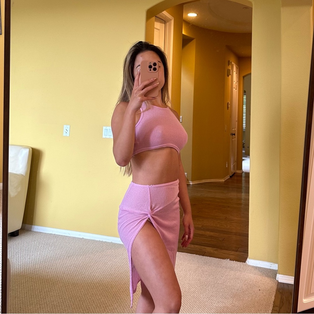 Prettylittlething pink/light purple maxi skirt set